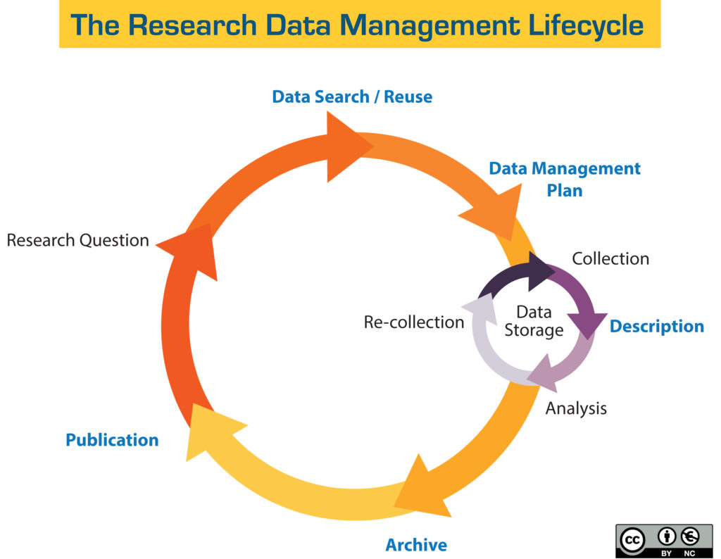 Shows 6 steps in a circle. First step: Research question. Second step: Data search or reuse. Third step: Creation of a data management plan. Fourth step: Description, which includes a three-step sub-cycle centered around data storage: Collection, Analysis, and Re-collection. Fifth step: Archive. Sixth step: Publication.