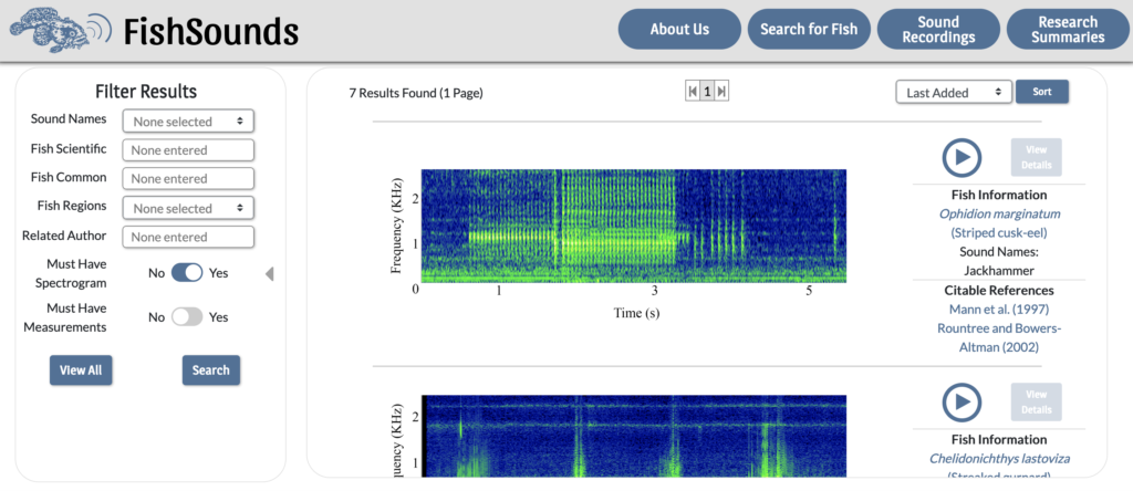 Screenshot of the FishSounds website showing the recording search page